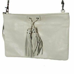 Badgley Mischka Leather Cream Tassle Studs Detachable Chain Shoulder Clutch Bag